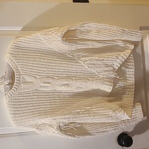 No Boundaries Fluffy White Cable Knit Fringe Sweater